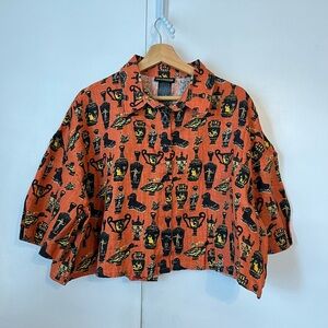 Nooworks linen crop top Orange and Black MCM Pattern sz 2X